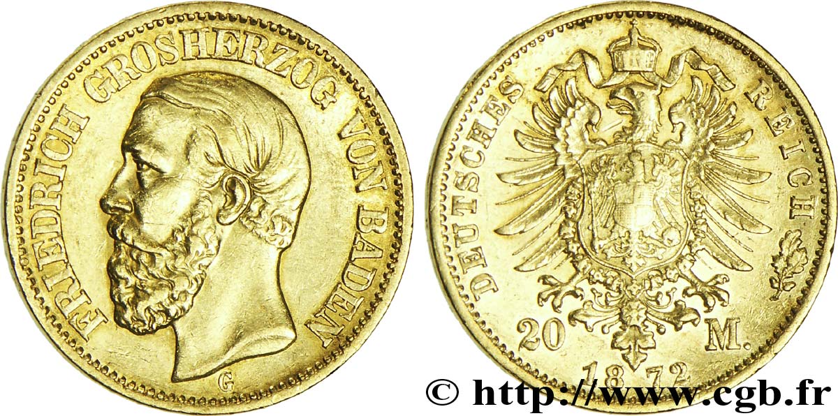 ALLEMAGNE - BADE 20 Mark or Grand-duché de Bade, Frédéric, Grand-Duc de Bade / aigle impérial 1872 Karlsruhe - G TTB+ 