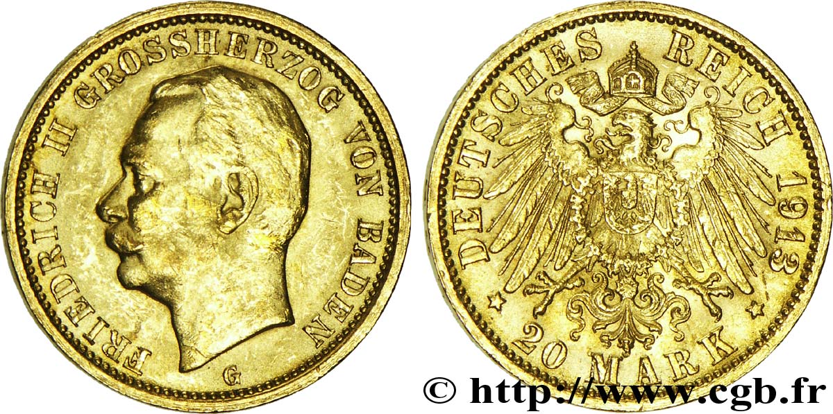 ALLEMAGNE - BADE 20 Mark or Grand-duché de Bade, Frédéric II, Grand-Duc de Bade / aigle impérial 1913 Karlsruhe - G TTB+ 