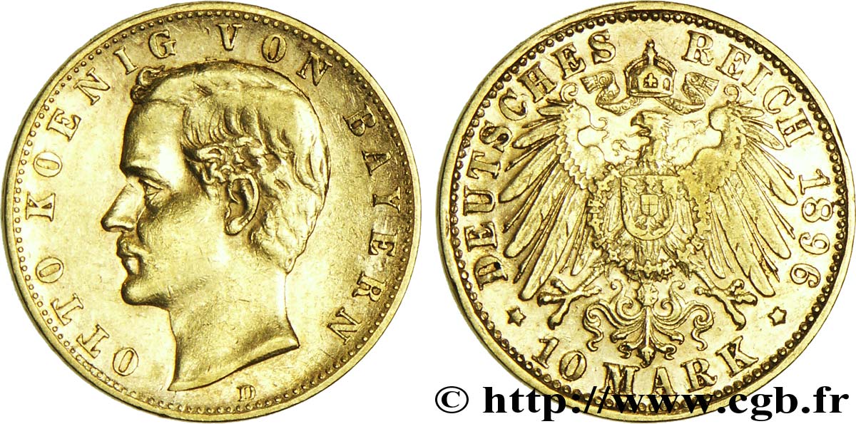 ALLEMAGNE - BAVIÈRE 10 Mark or Royaume de Bavière, Otto, roi de Bavière / aigle impérial 1896 Munich - D TTB+ 