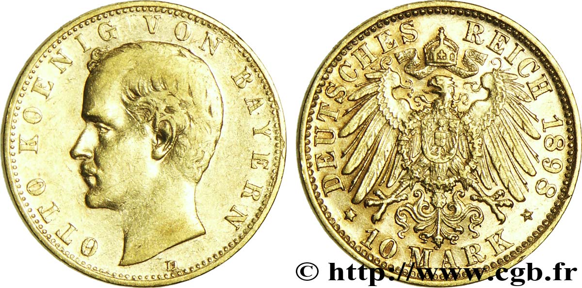 ALLEMAGNE - BAVIÈRE 10 Mark or Royaume de Bavière, Otto, roi de Bavière / aigle impérial 1898 Munich - D TTB 