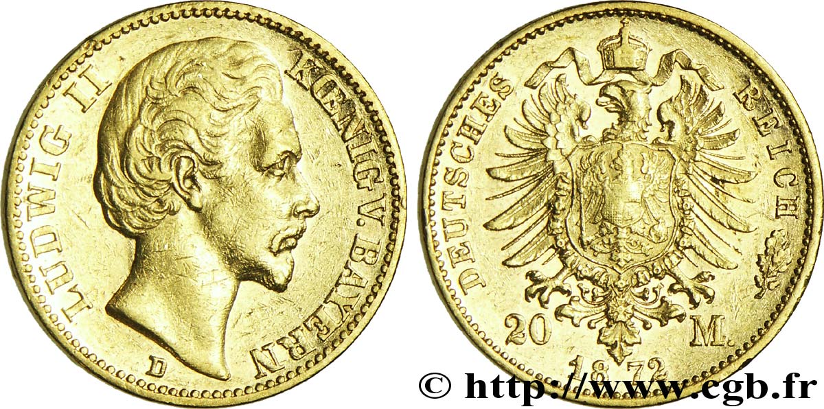 ALLEMAGNE - BAVIÈRE 20 Mark or Royaume de Bavière, Louis II, roi de Bavière / aigle impérial 1872 Munich - D TTB+ 