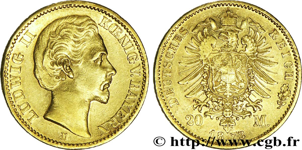 ALLEMAGNE - BAVIÈRE 20 Mark or Royaume de Bavière, Louis II, roi de Bavière / aigle impérial 1873 Munich - D TTB+ 