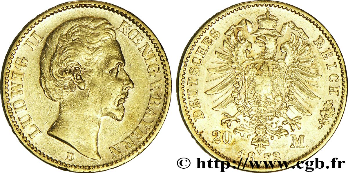 ALLEMAGNE - BAVIÈRE 20 Mark or Royaume de Bavière, Louis II, roi de Bavière / aigle impérial 1873 Munich - D TTB+ 