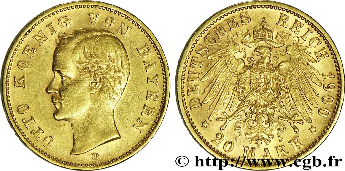 ALLEMAGNE - BAVIÈRE 20 Mark or Royaume de Bavière, Otto, roi de Bavière / aigle impérial 1900 Munich - D TTB+ 