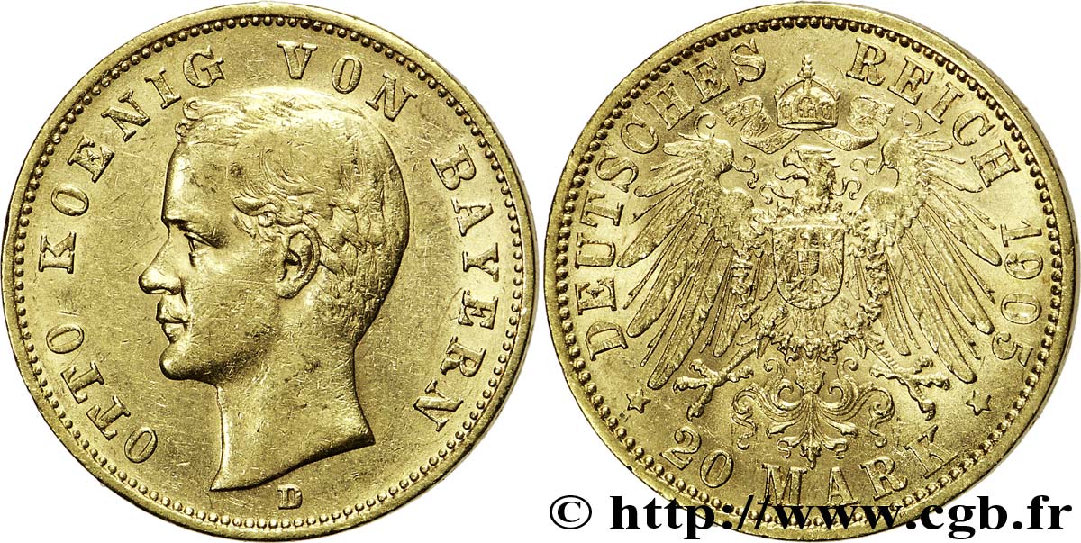 ALLEMAGNE - BAVIÈRE 20 Mark or Royaume de Bavière, Otto, roi de Bavière / aigle impérial 1905 Munich - D SUP 