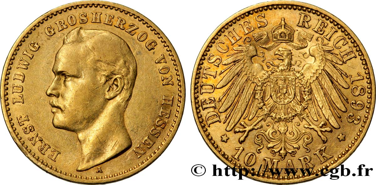 ALLEMAGNE - HESSE 10 Mark Ernest-Louis Grand-Duc de Hesse 1893 Berlin TTB+ 