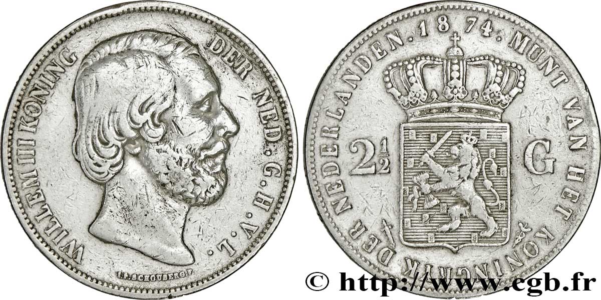 PAYS-BAS 2 1/2 Gulden Guillaume III 1874 Utrecht TB+ 