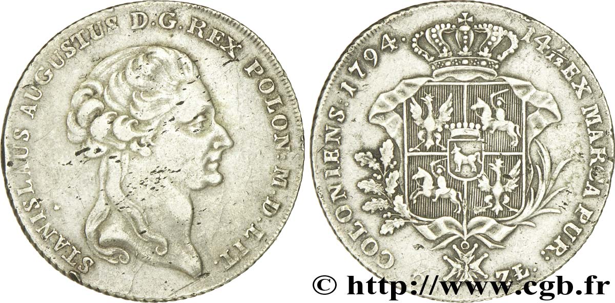 POLOGNE 6 Zlotych Royaume de Pologne et du Grand-Duché de Lituanie : Roi Stanislas II Auguste (Poniatowski) / armes 1794 Varsovie TTB+ 