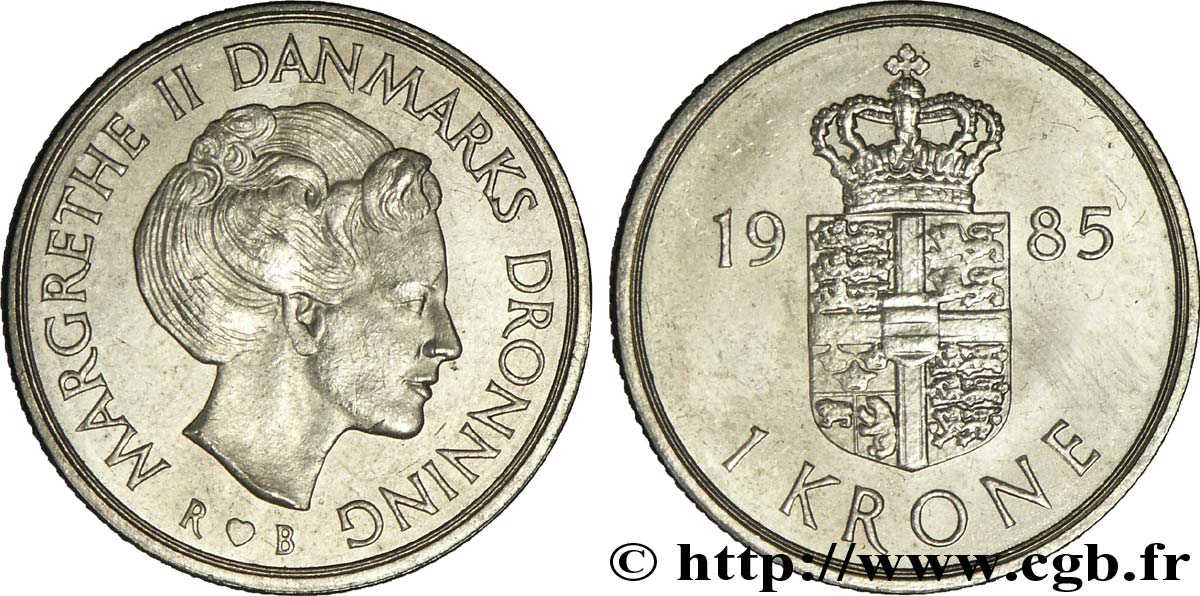 DANEMARK 1 Krone armes / reine Margrethe II 1985 Copenhague SPL 