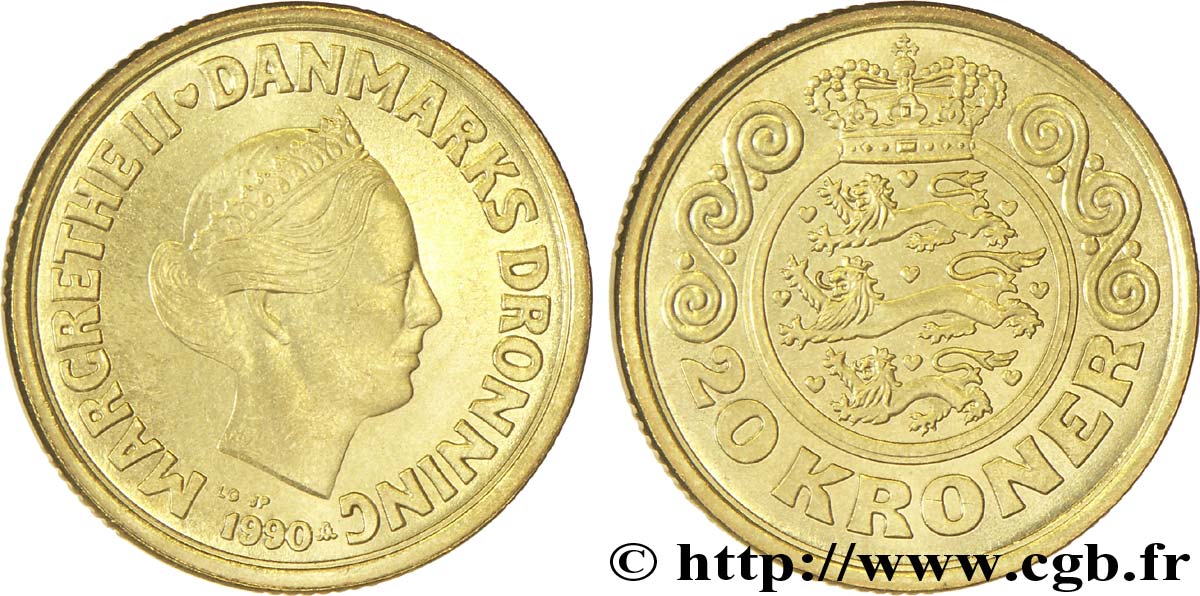 DANEMARK 20 Kroner reine Margrethe II 1990  SPL 