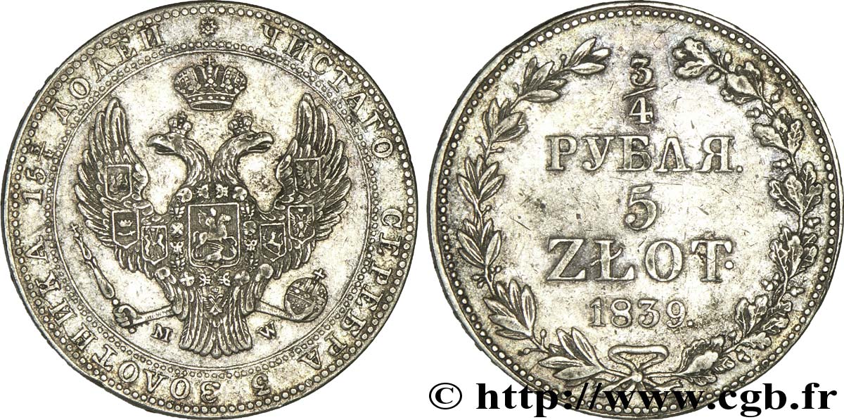POLOGNE 5 Zlotych - 3/4 Rouble administration russe aigle bicéphale initiales MW 1839 Varsovie SUP 