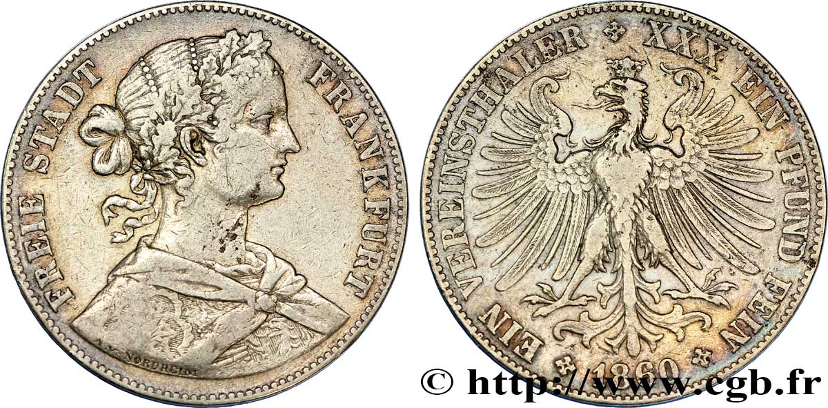 GERMANY - FRANKFURT FREE CITY 1 Vereinsthaler Francofurtia / aigle héraldique 1860 Francfort XF