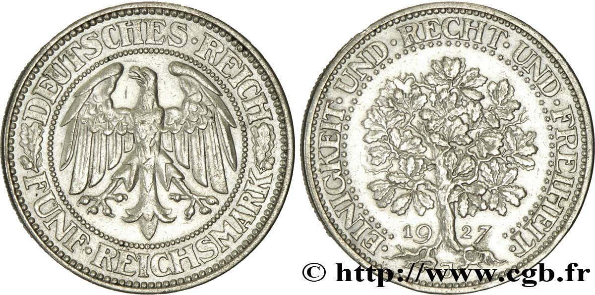 ALLEMAGNE 5 Reichsmark aigle / chêne 1927 Hambourg - J TTB+ 
