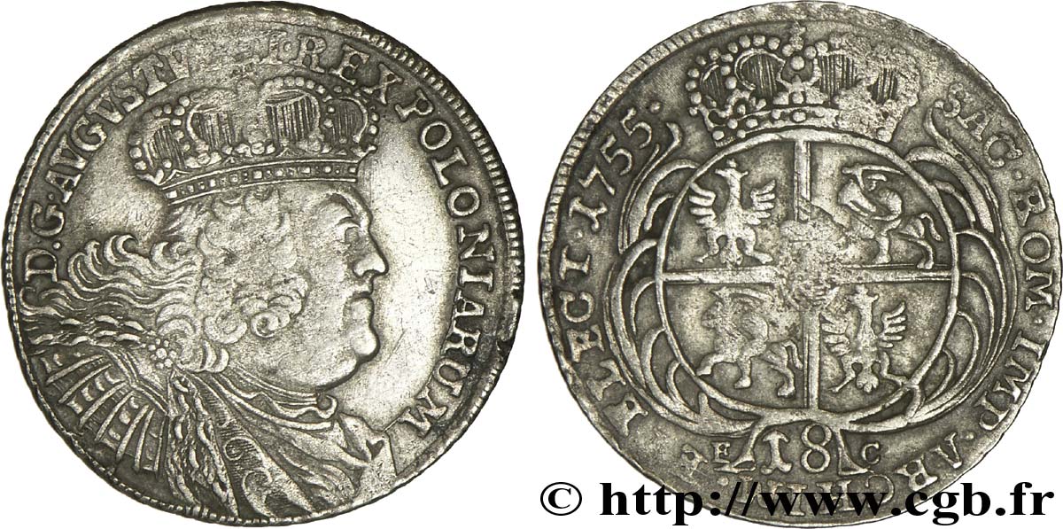 POLOGNE 8 Groschen Royaume de Pologne et du Grand-Duché de Lituanie : Auguste III de Saxe / armes 1755  TB+ 