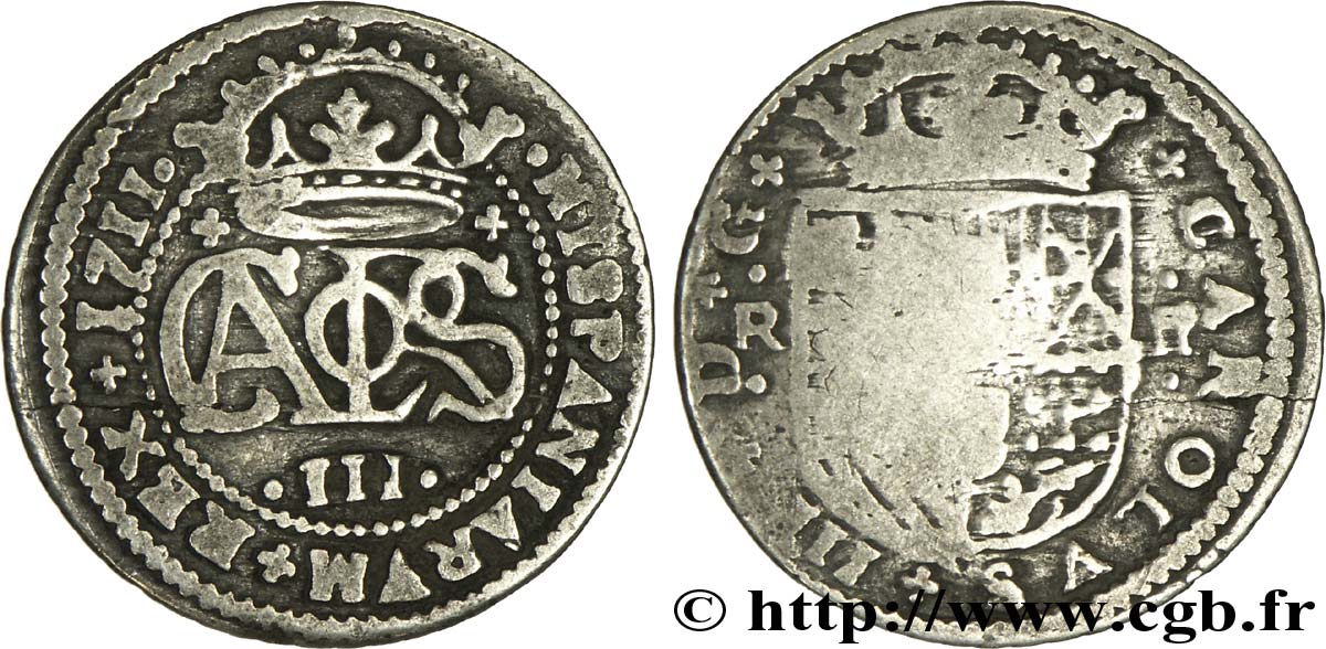 ESPAGNE 2 Reales Charles III archiduc prétendant 1711 Barcelone B+ 