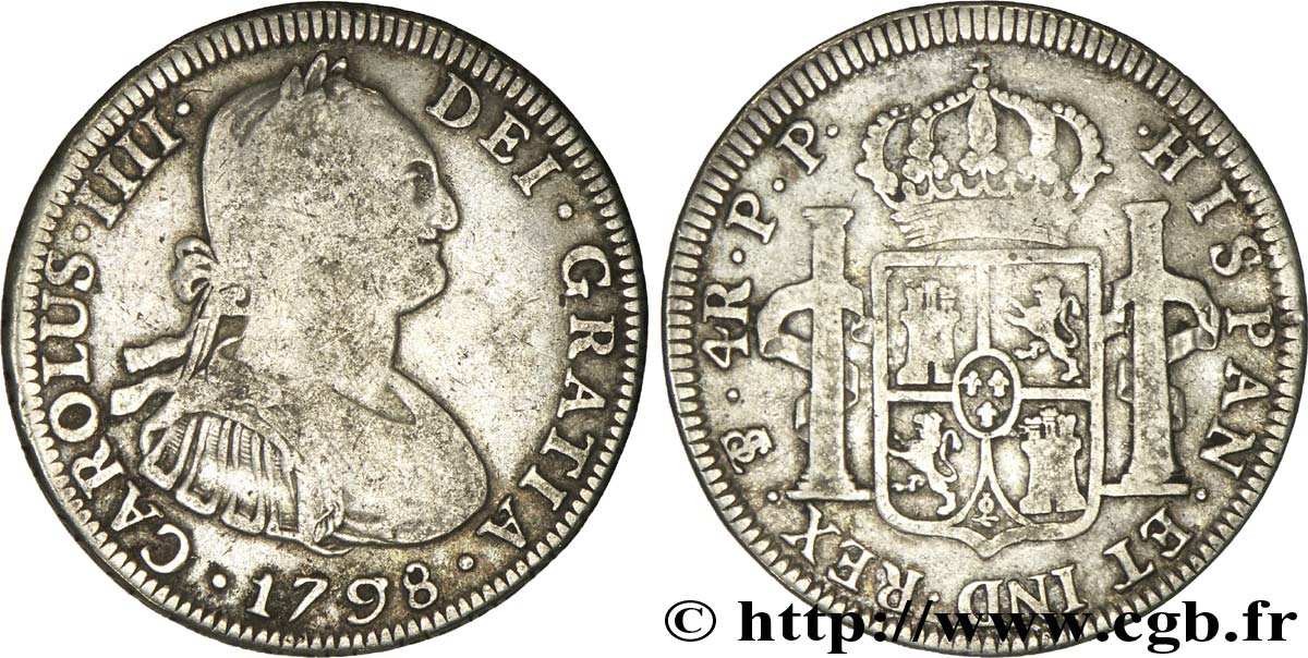 BOLIVIE 4 Reales Charles III d’Espagne JR 1798 Potosi TB+ 