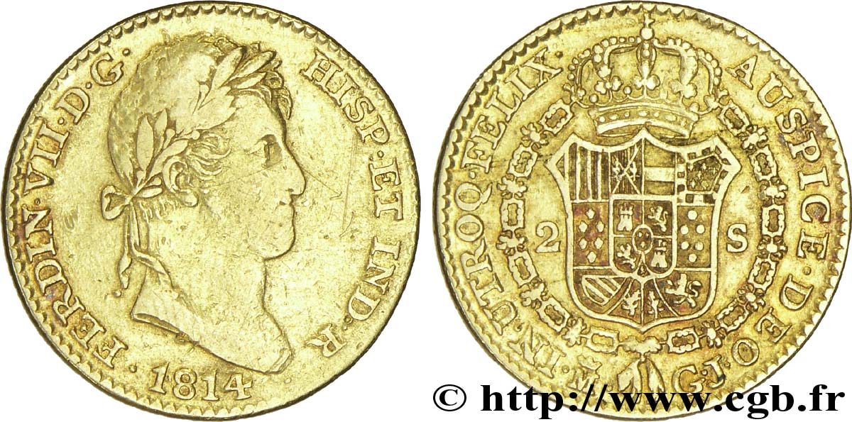 ESPAGNE 2 Escudos or Roi Ferdinand VII / écu couronné 1814 Madrid TB+ 