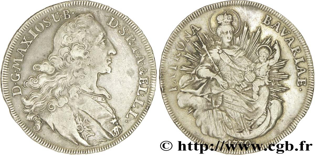 ALLEMAGNE - BAVIÈRE 1 Thaler Royaume de Bavière : Maximilien III / Madone à l’enfant 1770 Munich TTB 