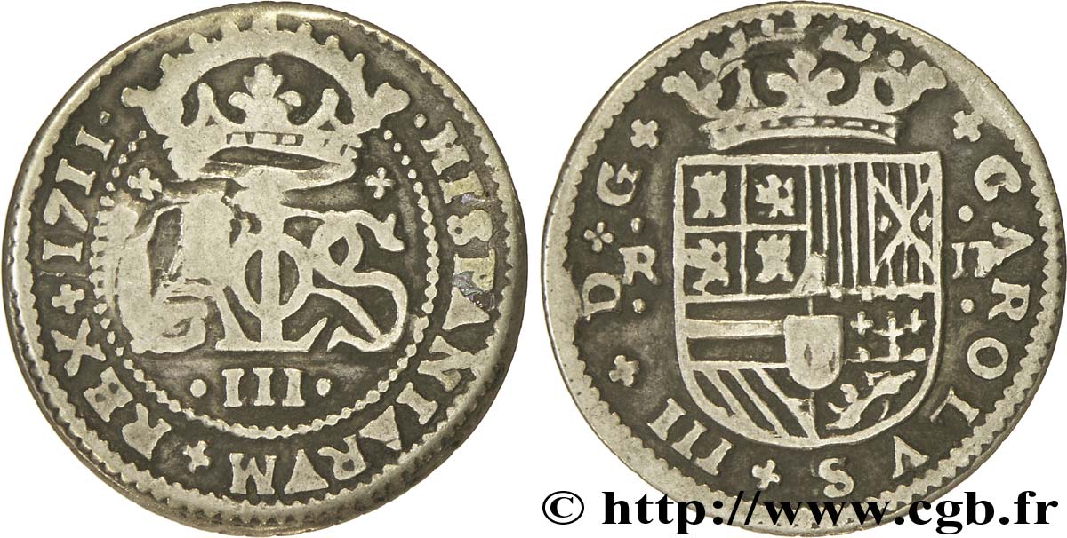 ESPAGNE 2 Reales Charles III archiduc prétendant 1711 Barcelone TB 