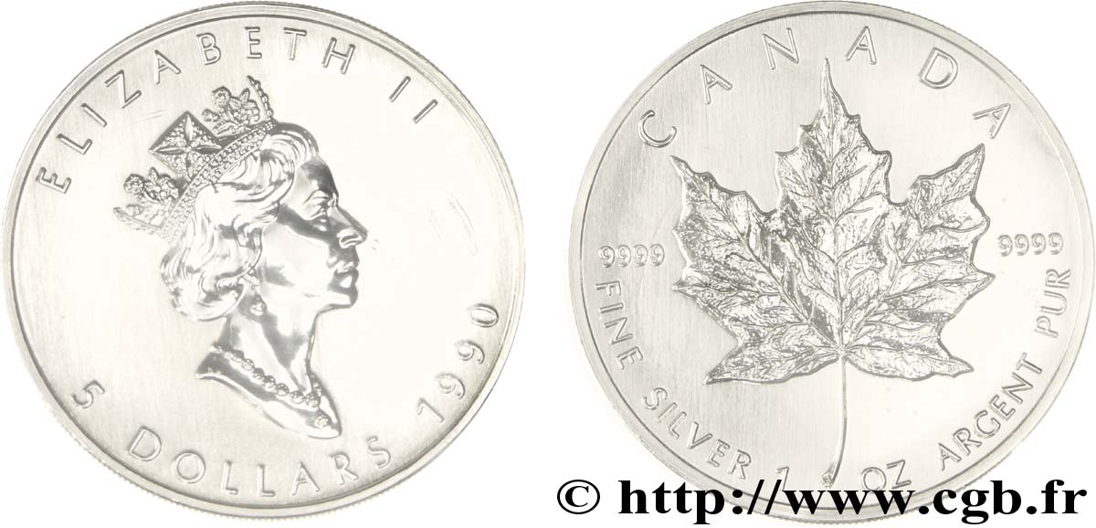 CANADA 5 Dollars (1 once) feuille d’érable / Elisabeth II 1990  FDC 