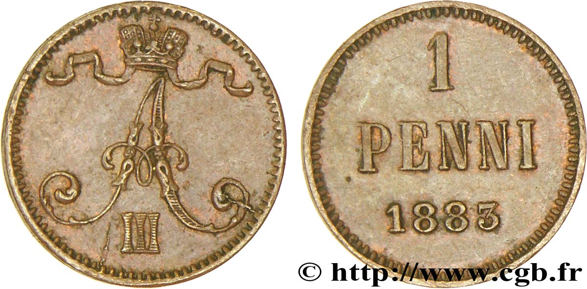 FINLANDE 1 Penni monogramme Tsar Alexandre III 1883  TTB+ 