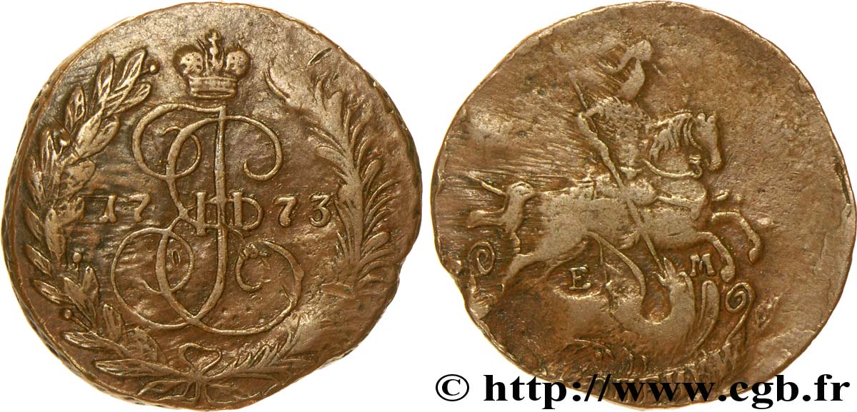 RUSSIE 2 Kopecks aigle bicéphale / monograme de Catherine II 1773 Ekaterinbourg TB+ 