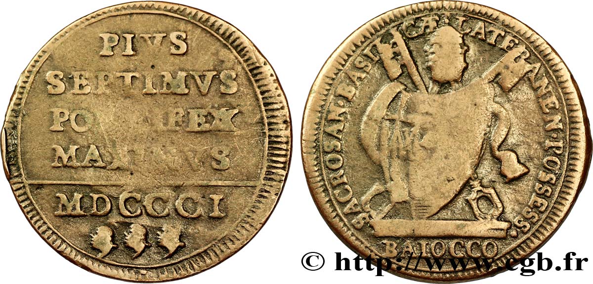 VATICAN ET ÉTATS PONTIFICAUX 1 Baiocco armes du vatican frappé au nom de Pie VII 1801 an I Rome TB 
