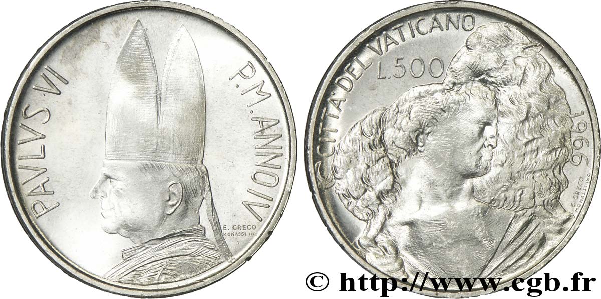 VATICAN ET ÉTATS PONTIFICAUX 500 Lire Paul VI an IV / allégorie du bon pasteur 1966 Rome SPL 