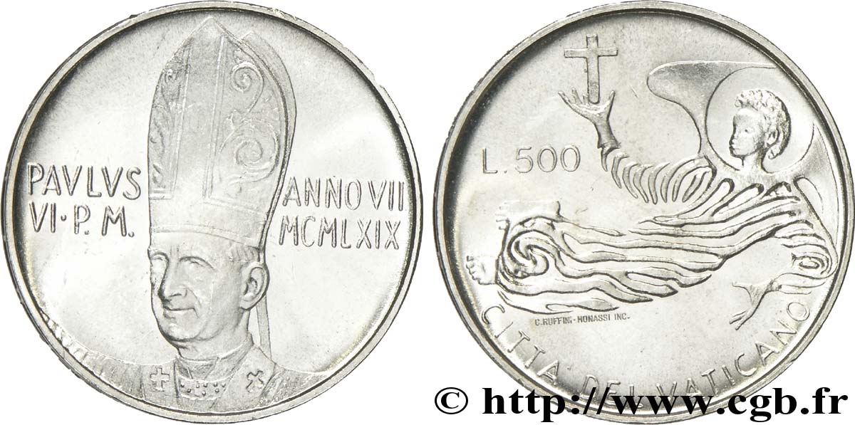 VATICAN ET ÉTATS PONTIFICAUX 500 Lire Paul VI an VII / ange 1969 Rome SPL 