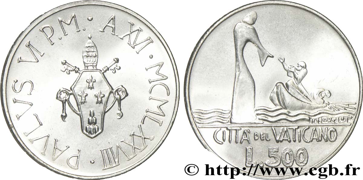 VATICAN ET ÉTATS PONTIFICAUX 500 Lire frappe au nom de Paul VI an XVI / Jésus marchant sur l’eau 1978 Rome SPL 