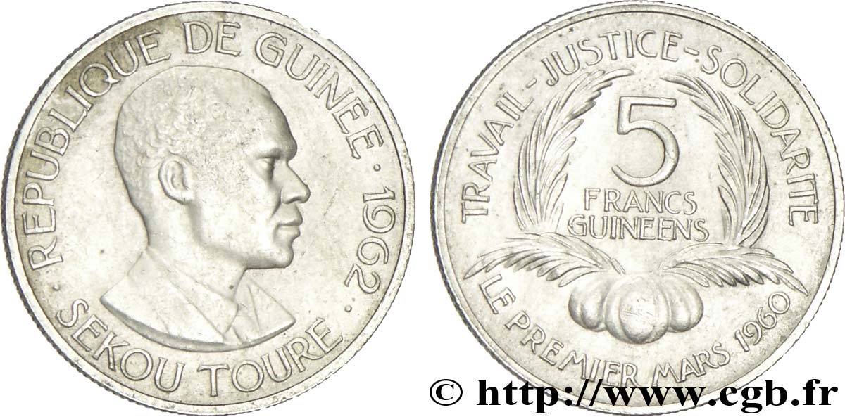 GUINÉE 5 Francs président Ahmed Sekou Touré 1962  SUP 