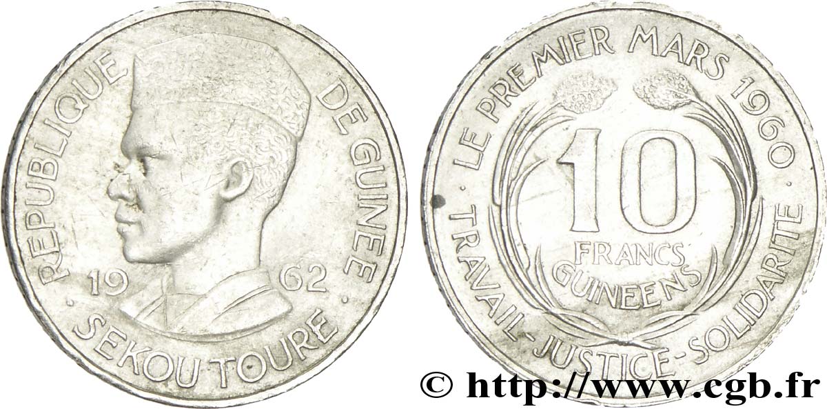 GUINÉE 10 Francs président Ahmed Sekou Touré 1962  SUP 