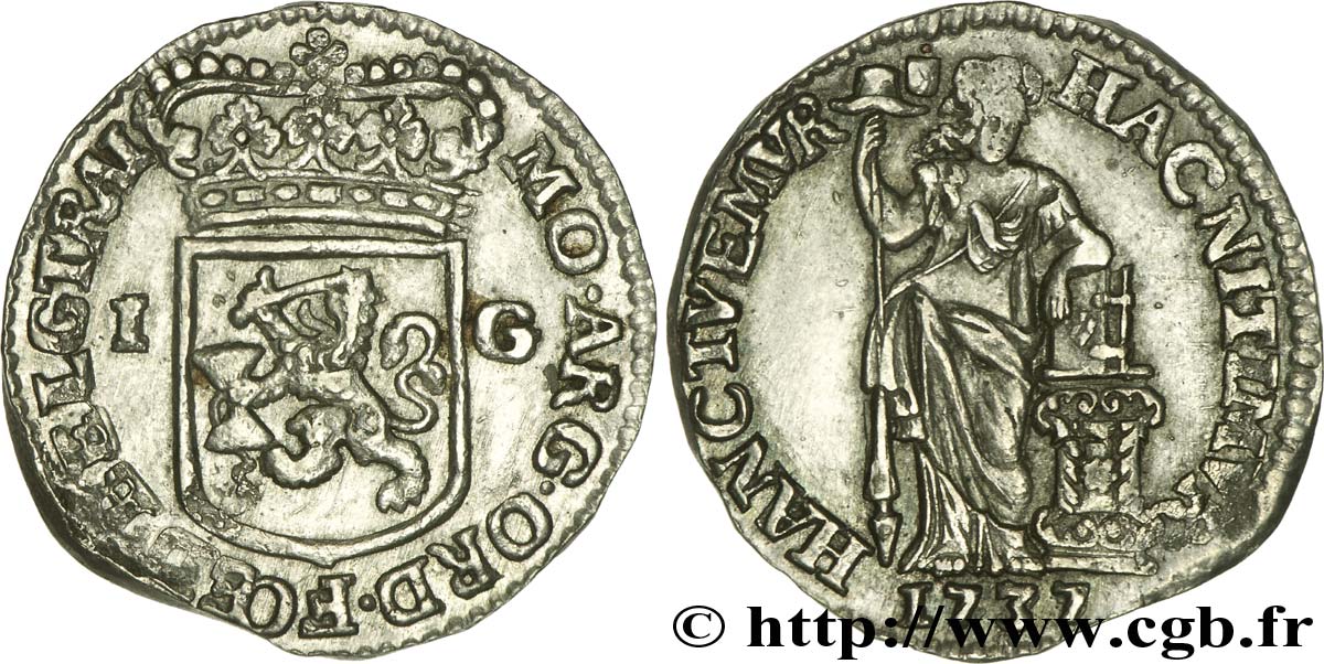 PAYS-BAS - PROVINCES-UNIES 1 Gulden Utrecht armes couronnées des provinces Unies /  femme au coude posé sur une bible 1737  TB 