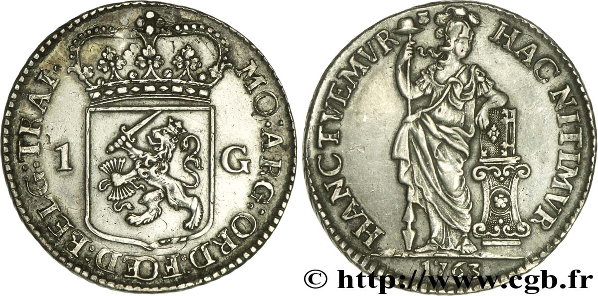 PAYS-BAS - PROVINCES-UNIES 1 Gulden Utrecht armes couronnées des provinces Unies /  femme au coude posé sur une bible 1763  TTB+ 