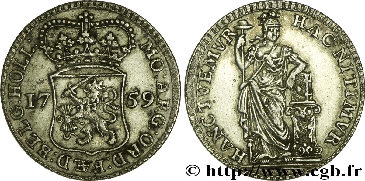 PAYS-BAS - PROVINCES-UNIES 1/4 Gulden Hollande armes couronnées des provinces Unies /  femme au coude posé sur une bible 1759  SUP 
