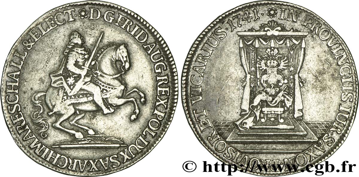 ALLEMAGNE - SAXE 1/2 Thaler Duché de Saxe : frappe du vicariat au nom du  prince électeur et roi de Pologne Frédéric-Auguste III : chevalier armé / trône 1751  TTB 