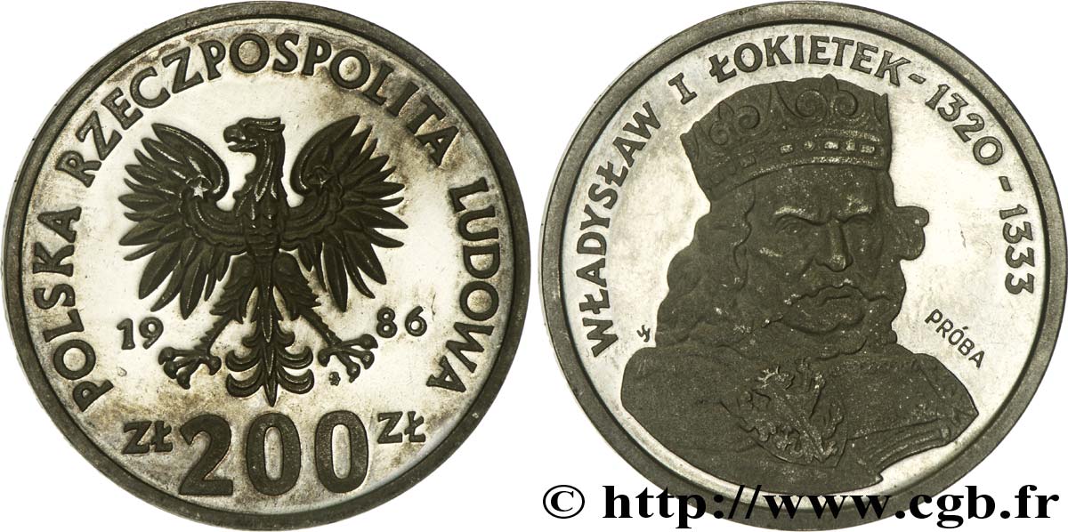 POLOGNE 200 Zlotych (proba) BE aigle / roi Wladyslaw I Lokietek 1986 Varsovie SPL 
