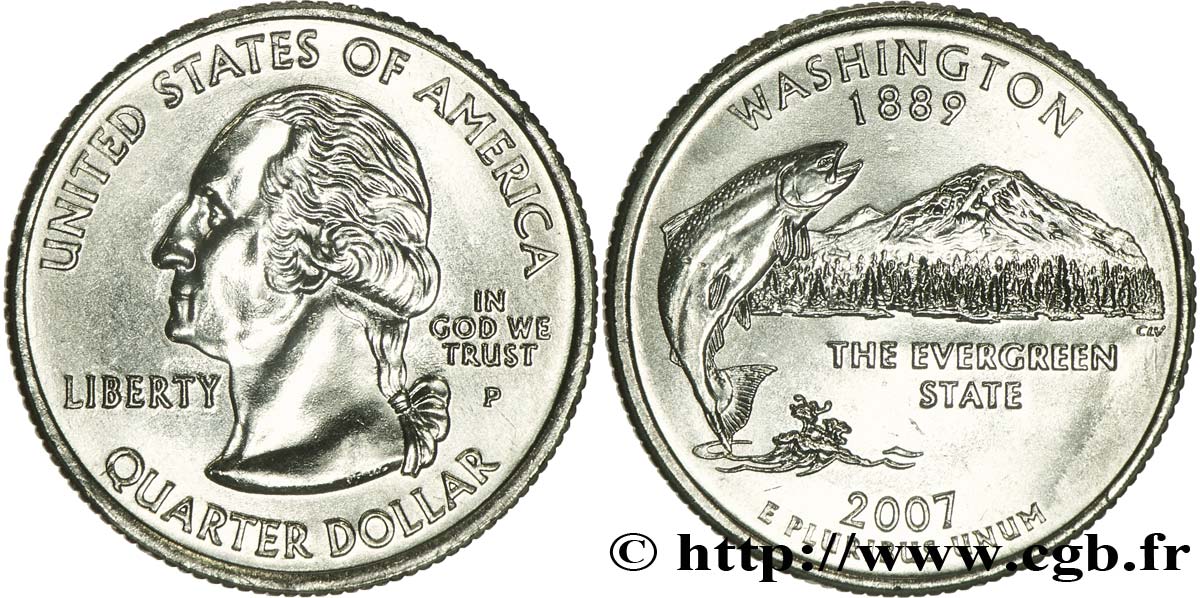 ÉTATS-UNIS D AMÉRIQUE 1/4 Dollar État de Washington : saumon et vue du Mount Rainier 2007 Philadelphie SPL 