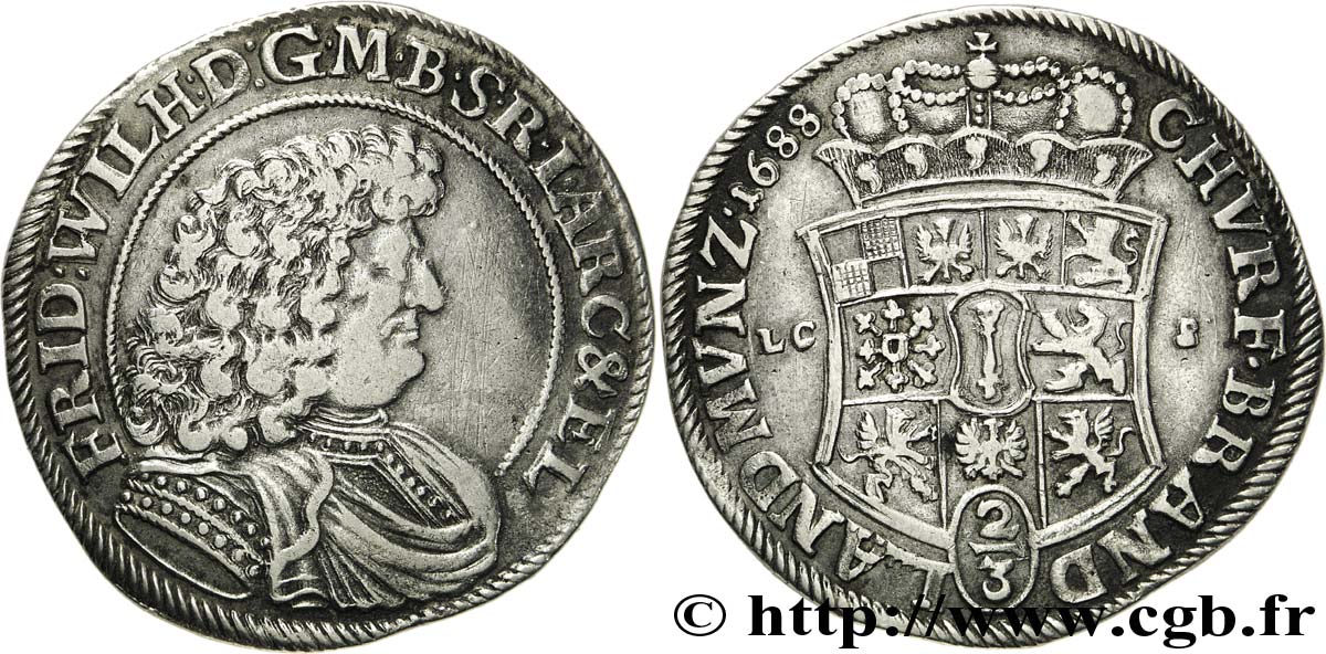 ALLEMAGNE 2/3 Thaler Brandebourg, Frédéric Guillaume Hohenzollern initiales LCS 1688 Berlin TTB+ 
