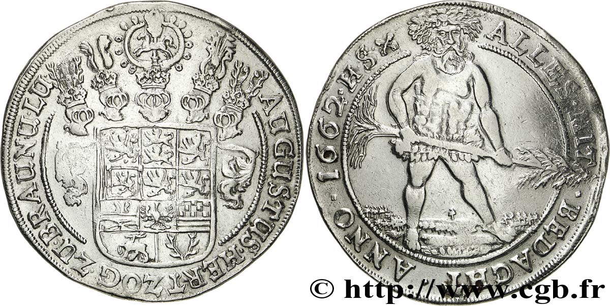 ALLEMAGNE - BRUNSWICK-WOLFENBUTTEL 1 Thaler Principauté de Brunswick-Wolfenbuttel, frappe à l’homme sauvage au nom d’Auguste II, armes couronnées 1662  TTB+ 
