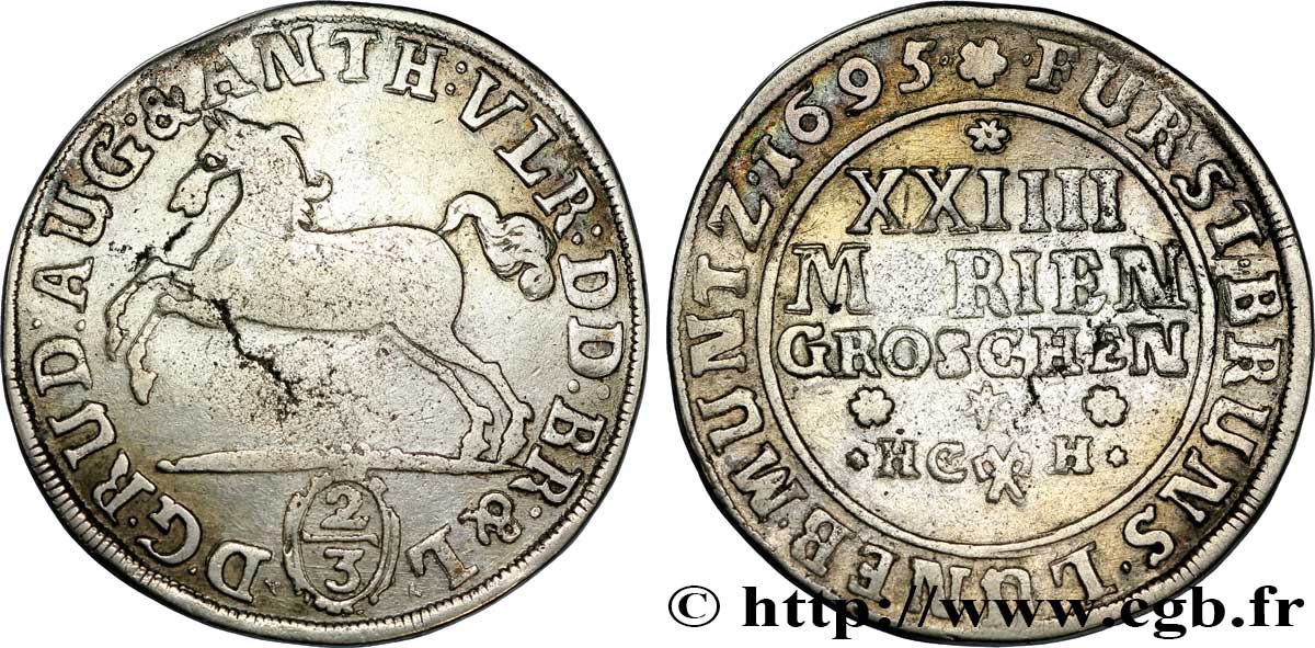 ALLEMAGNE - BRUNSWICK-WOLFENBUTTEL 24 Mariengroschen (2/3 Thaler) Principauté de Brunswick-Wolfenbuttel, frappe au cheval au nom de Rudolphe Auguste 1695  TB+ 