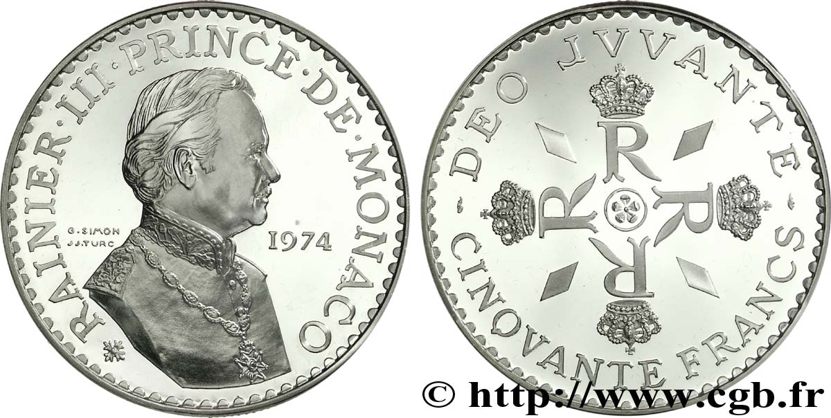 MONACO Piéfort argent de 50 francs 1974 Paris FDC67 