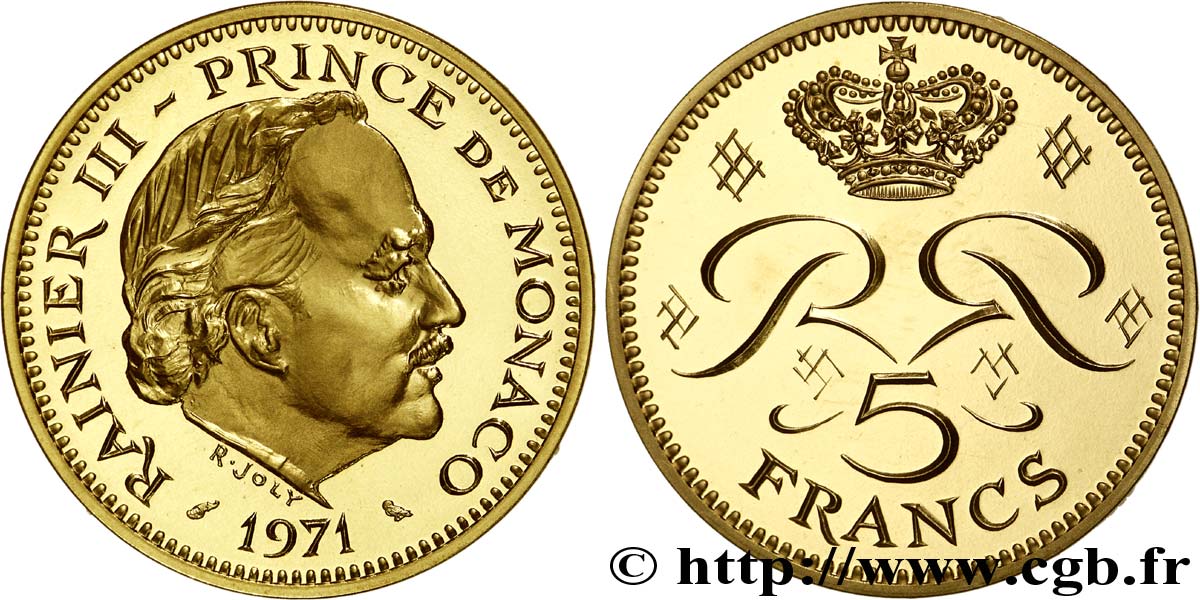 MONACO Piéfort Or de 5 francs 1971 Paris FDC65 
