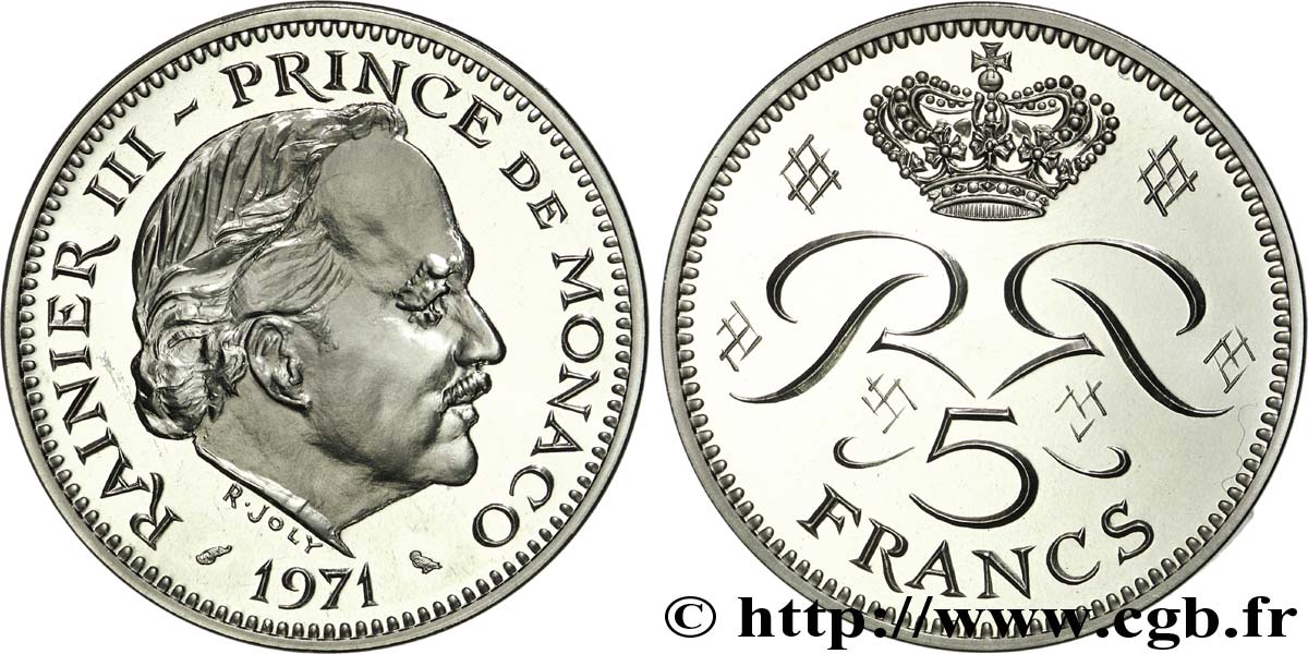 MONACO Piéfort Nickel de 5 francs 1971 Paris FDC67 