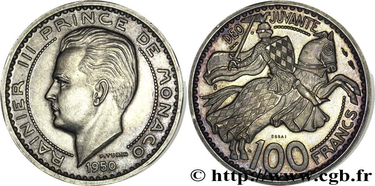 MONACO Essai - Piéfort Argent de 100 Francs prince Rainier III 1950 Paris SPL63 