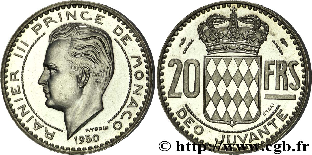 MONACO Essai - piéfort argent de 20 Francs prince Rainier III 1950 Paris SPL63 