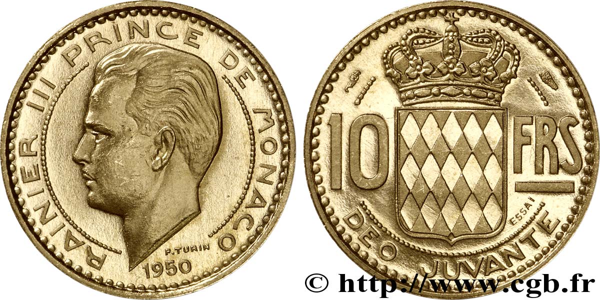 MONACO Essai - piéfort Or de 10 Francs prince Rainier III 1950 Paris SUP62 