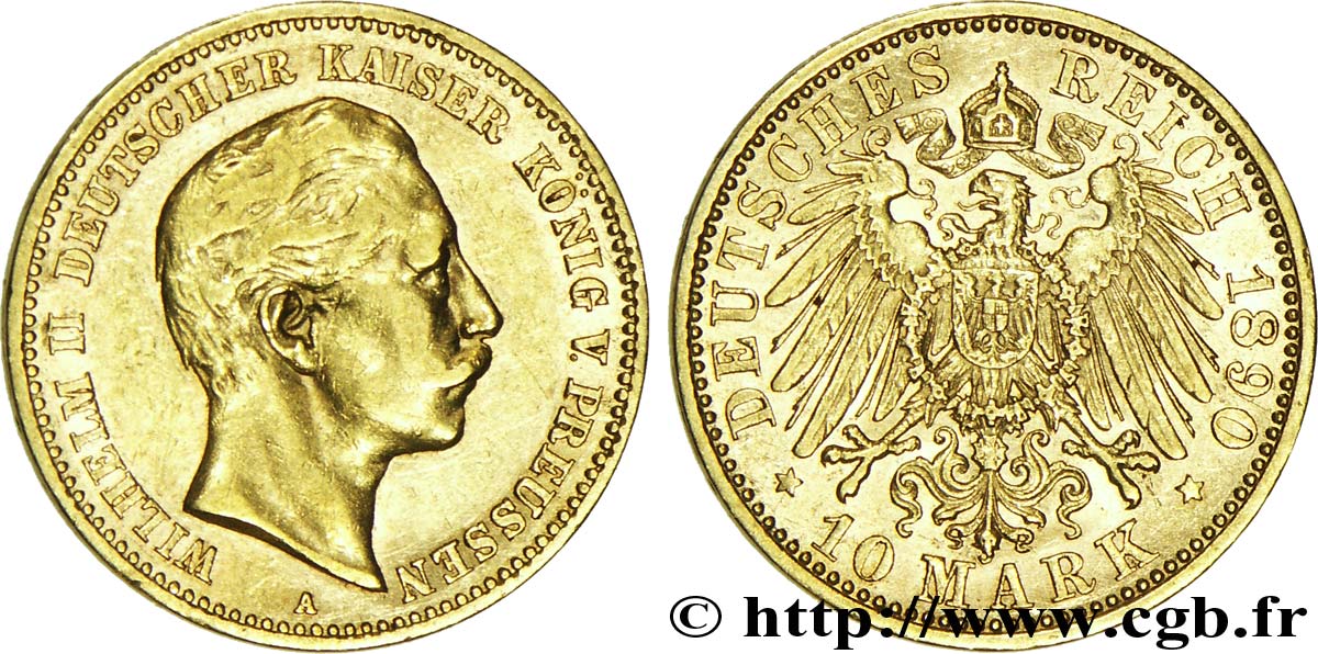 ALLEMAGNE - PRUSSE 10 Mark or Royaume de Prusse, empereur Guillaume II / aigle impérial 1890 Berlin TTB+ 