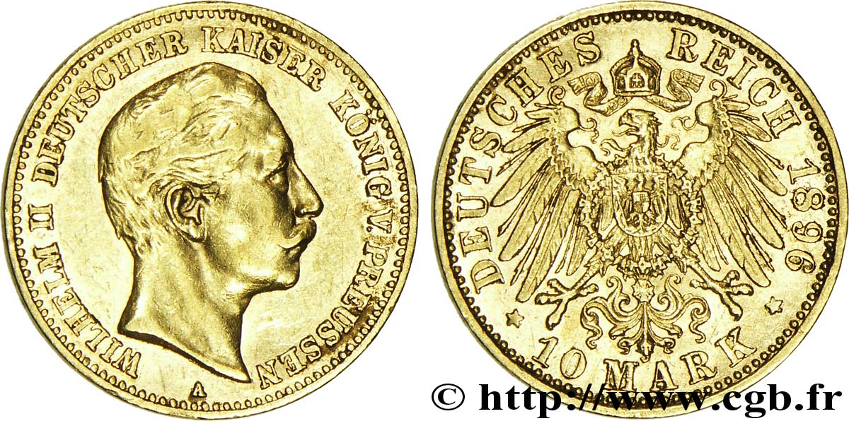ALLEMAGNE - PRUSSE 10 Mark or Royaume de Prusse, empereur Guillaume II / aigle impérial 1896 Berlin TTB+ 