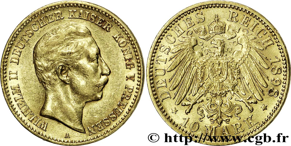 ALLEMAGNE - PRUSSE 10 Mark or Royaume de Prusse, empereur Guillaume II / aigle impérial 1898 Berlin SUP 